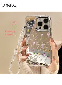 Compatible with iPhone 15 Pro Cases, Butterfly Pattern Cases, Peach Heart Diamond Cases, Mirror Cases, TPU Drop Protection - With Lanyard