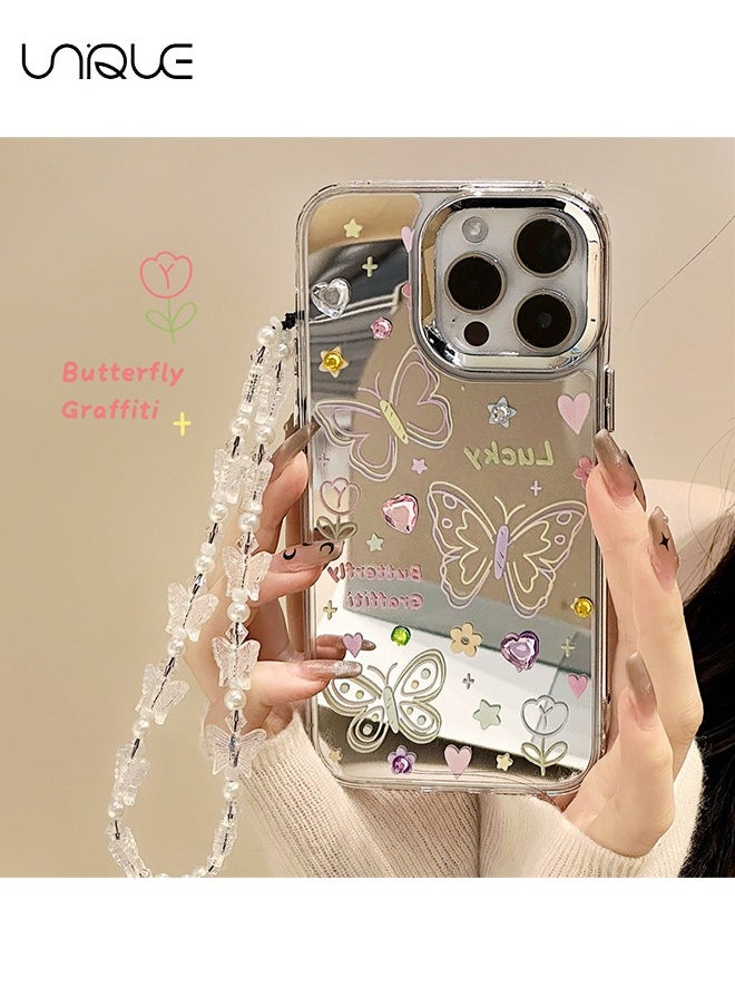 Unique - Compatible with iPhone 15 Pro Cases, Butterfly Pattern Cases, Peach Heart Diamond Cases, Mirror Cases, TPU Drop Protection - With Lanyard - Image 1