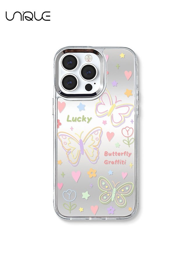 Unique - Compatible with iPhone 15 Pro Cases, Butterfly Pattern Cases, Peach Heart Diamond Cases, Mirror Cases, TPU Drop Protection - With Lanyard - Image 1