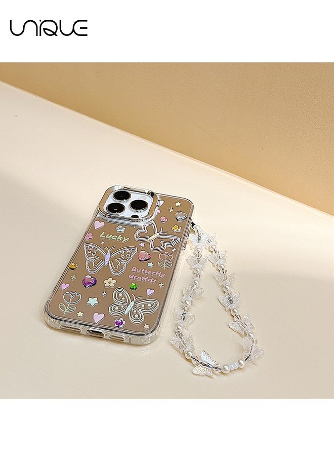 Unique - Compatible with iPhone 15 Pro Cases, Butterfly Pattern Cases, Peach Heart Diamond Cases, Mirror Cases, TPU Drop Protection - With Lanyard - Image 1