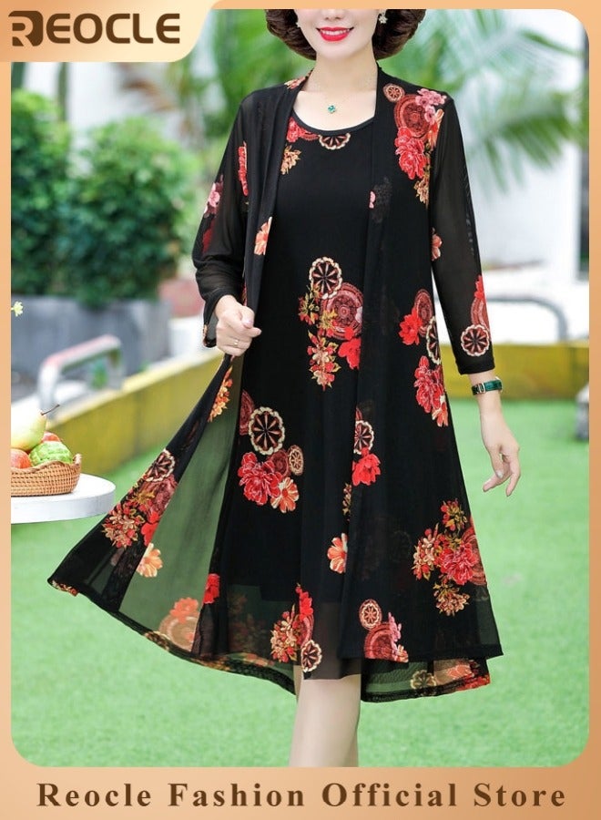 REOCLE Women's Maxi Dress 2 Pieces Sleeveless Floral Round Neck Long Dress Floral Tulle Coat Flowy Party  Maxi Dress Set  - Image 1