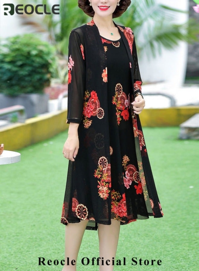REOCLE Women's Maxi Dress 2 Pieces Sleeveless Floral Round Neck Long Dress Floral Tulle Coat Flowy Party  Maxi Dress Set  - Image 2