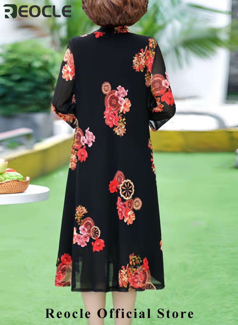 REOCLE Women's Maxi Dress 2 Pieces Sleeveless Floral Round Neck Long Dress Floral Tulle Coat Flowy Party  Maxi Dress Set  - Image 3