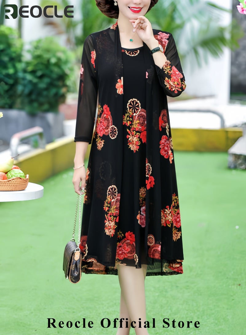 REOCLE Women's Maxi Dress 2 Pieces Sleeveless Floral Round Neck Long Dress Floral Tulle Coat Flowy Party  Maxi Dress Set  - Image 5
