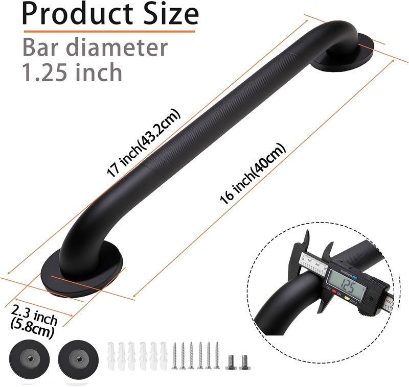 Rackickyer Shower Grab Bar, 2 Pack 16 Inch Black Bathroom Grab Bar, 1.25" Diameter 304 Stainless Steel Anti-Slip Grab Bars for Bathtubs and Showers, Handicap Shower Grab Bar for Seniors Elderly - Image 2