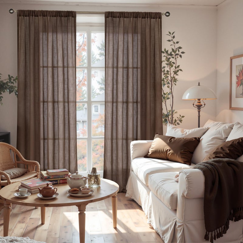 BGment Brown Linen Curtains 84 Inch Length 2 Panels for Living Room Windows, Chocolate Semi Sheer Drapes Textured with Rod Pocket for Farmhouse Bedroom Dining Decor Lightweight, Each 52 Inch Wide - Image 2