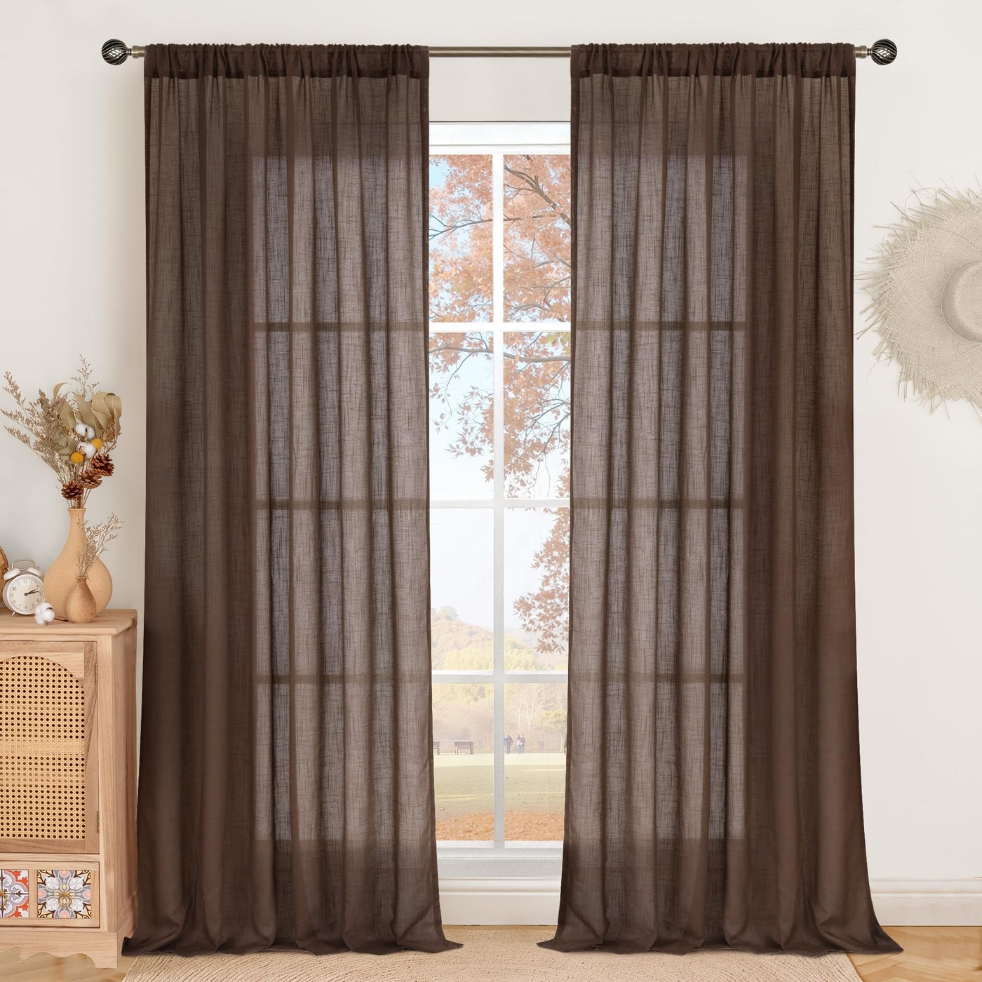 BGment Brown Linen Curtains 84 Inch Length 2 Panels for Living Room Windows, Chocolate Semi Sheer Drapes Textured with Rod Pocket for Farmhouse Bedroom Dining Decor Lightweight, Each 52 Inch Wide