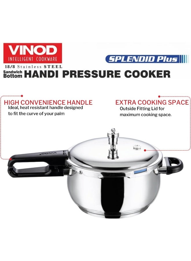 VINOD 6.5Liters Splendid Plus Stainless Steel Pressure Cooker Outer Lid 6.5 Litre | SAS Bottom Handi Cooker | Extra Glass Lid | Induction and Gas Base | ISI and CE certified silver - Image 5