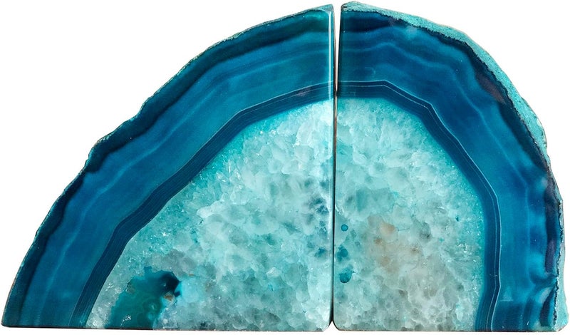 AMOYSTONE Crystal Bookends Decorative Agate Book Ends Holder Geode Bookend Heavy Duty Dyed Teal Color (1 Pair, 4-6 LBS) - Image 1