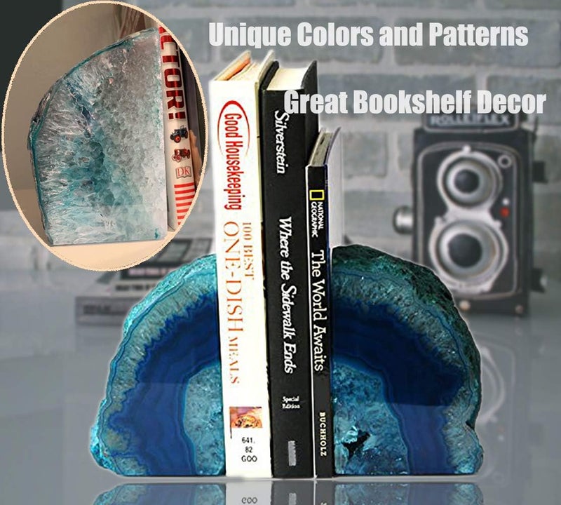 AMOYSTONE Crystal Bookends Decorative Agate Book Ends Holder Geode Bookend Heavy Duty Dyed Teal Color (1 Pair, 4-6 LBS) - Image 3