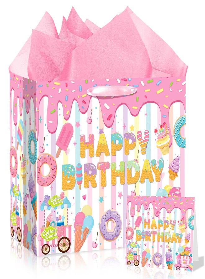 Wayyogh Ice Cream Birthday Gift Bag with Tissue Paper and Greeting Card,White Pink Happy Birthday Wrapping Paper Goodie Bags for Boys Girls Kids Summer Baby Shower Sweet One Party Supplies Favors Decor - Image 1