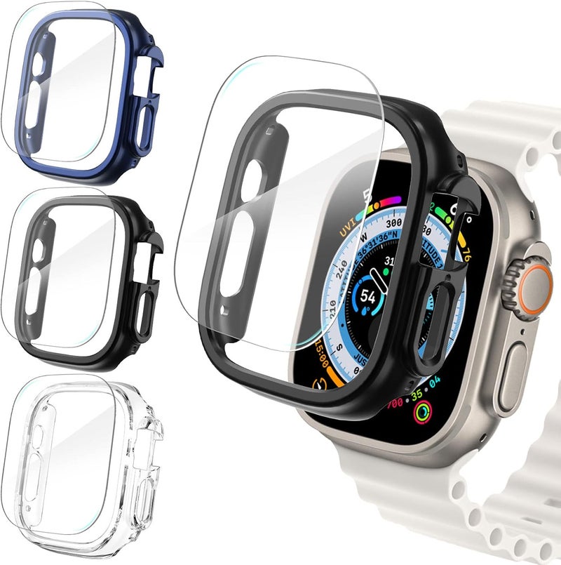FULLIFE 3 Pack Hard Screen Protector Compatible for Apple Watch Ultra 49mm,Overall Shockproof Bumper Case for iWatch Ultra,3 Protective Cover+3 Pieces of Tempered Glass Film(Black/Blue/Clear) - Image 1