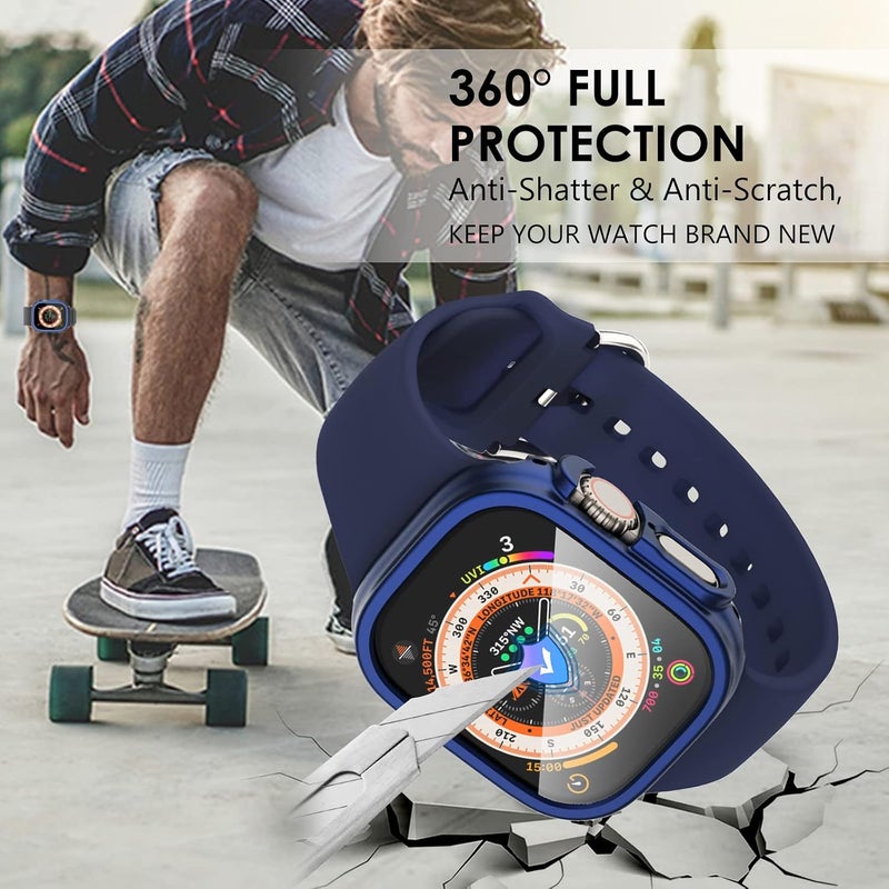 FULLIFE 3 Pack Hard Screen Protector Compatible for Apple Watch Ultra 49mm,Overall Shockproof Bumper Case for iWatch Ultra,3 Protective Cover+3 Pieces of Tempered Glass Film(Black/Blue/Clear) - Image 4