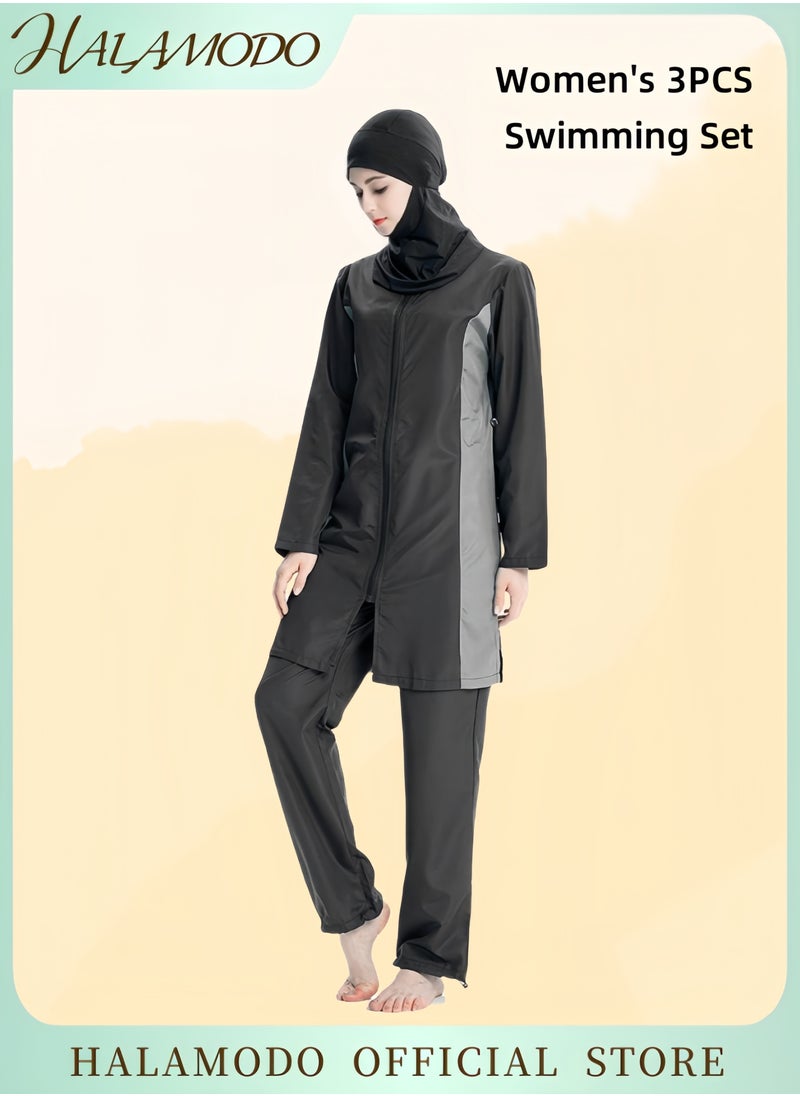 HALAMODO - Women's 3pcs Swimsuit Full Coverage Swimwear Beachwear Swimming Suit of Islamic Long Sleeve Oversize Coat & Drawstring Swim Pants & Swimming Cap for Modest Islamic Hijab Ladies - Image 1