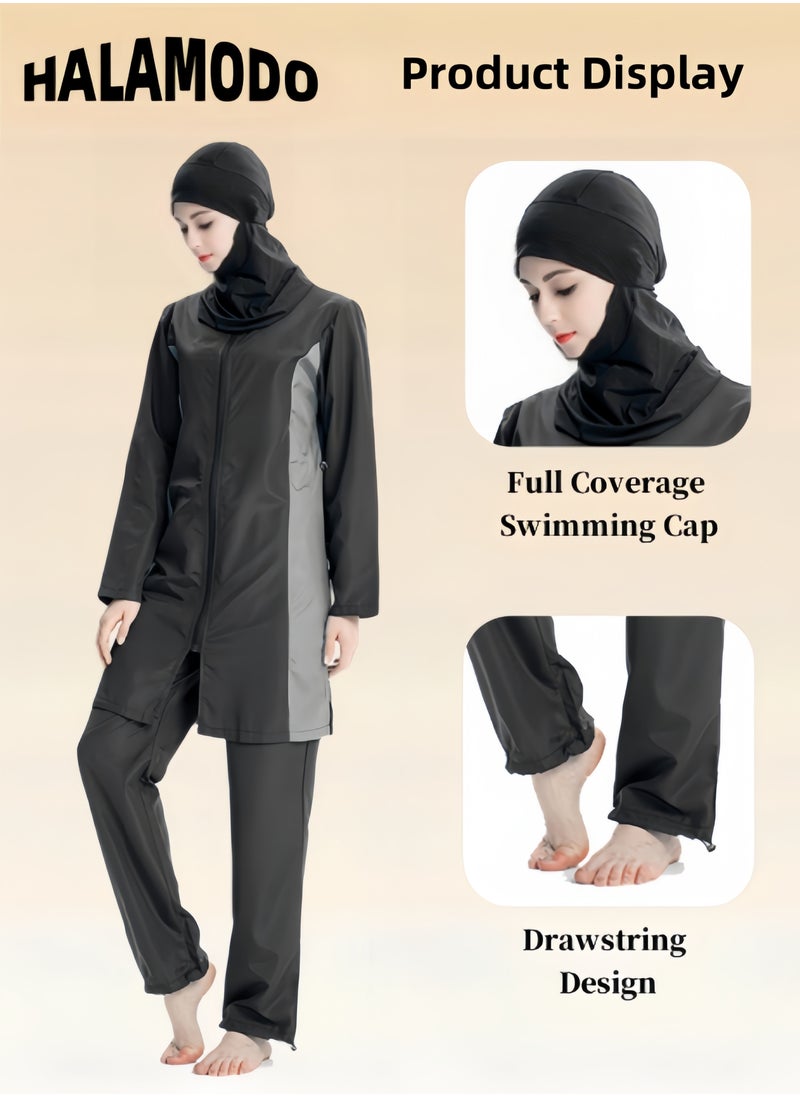 HALAMODO - Women's 3pcs Swimsuit Full Coverage Swimwear Beachwear Swimming Suit of Islamic Long Sleeve Oversize Coat & Drawstring Swim Pants & Swimming Cap for Modest Islamic Hijab Ladies - Image 1