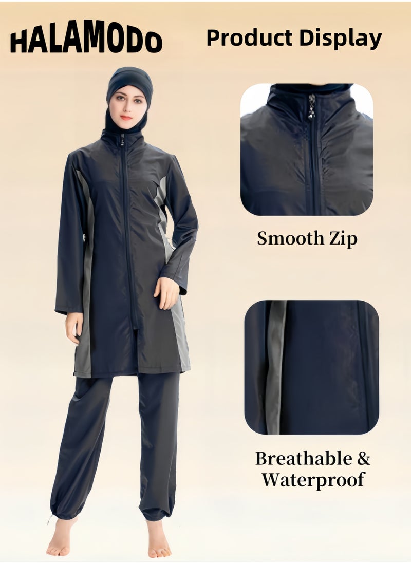 HALAMODO - Women's 3pcs Swimsuit Full Coverage Swimwear Beachwear Swimming Suit of Islamic Long Sleeve Oversize Coat & Drawstring Swim Pants & Swimming Cap for Modest Islamic Hijab Ladies - Image 1