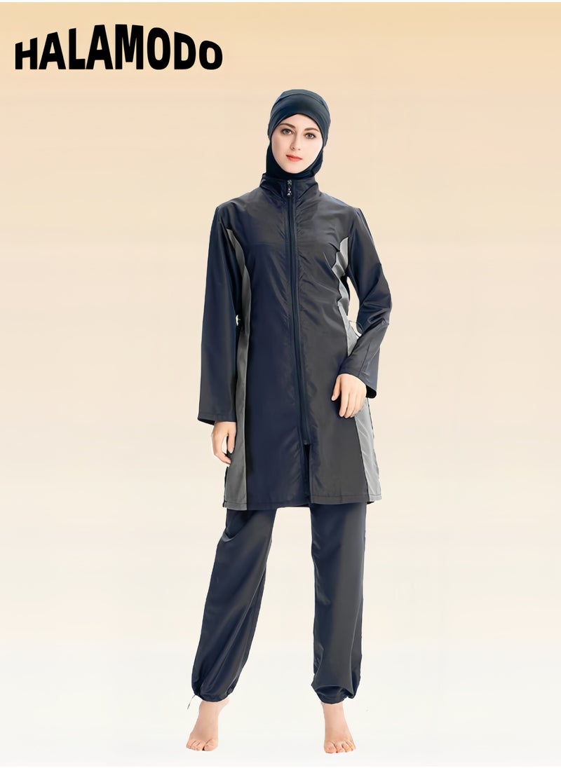 HALAMODO - Women's 3pcs Swimsuit Full Coverage Swimwear Beachwear Swimming Suit of Islamic Long Sleeve Oversize Coat & Drawstring Swim Pants & Swimming Cap for Modest Islamic Hijab Ladies - Image 1