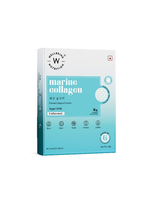 Pure Korean Marine Collagen Supplements for Women & Men|Clinically Proven Type 1 & 3 Hydrolyzed Peptides|For Anti-Aging,Radiant Skin & Hair Growth|Unflavored - 6 Sachets, 48 grams