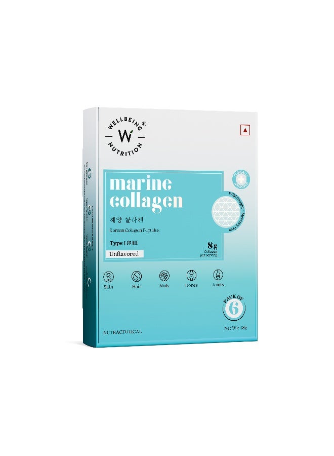 WELLBEING NUTRITION Pure Korean Marine Collagen Supplements for Women & Men|Clinically Proven Type 1 & 3 Hydrolyzed Peptides|For Anti-Aging,Radiant Skin & Hair Growth|Unflavored - 6 Sachets, 48 grams - Image 1
