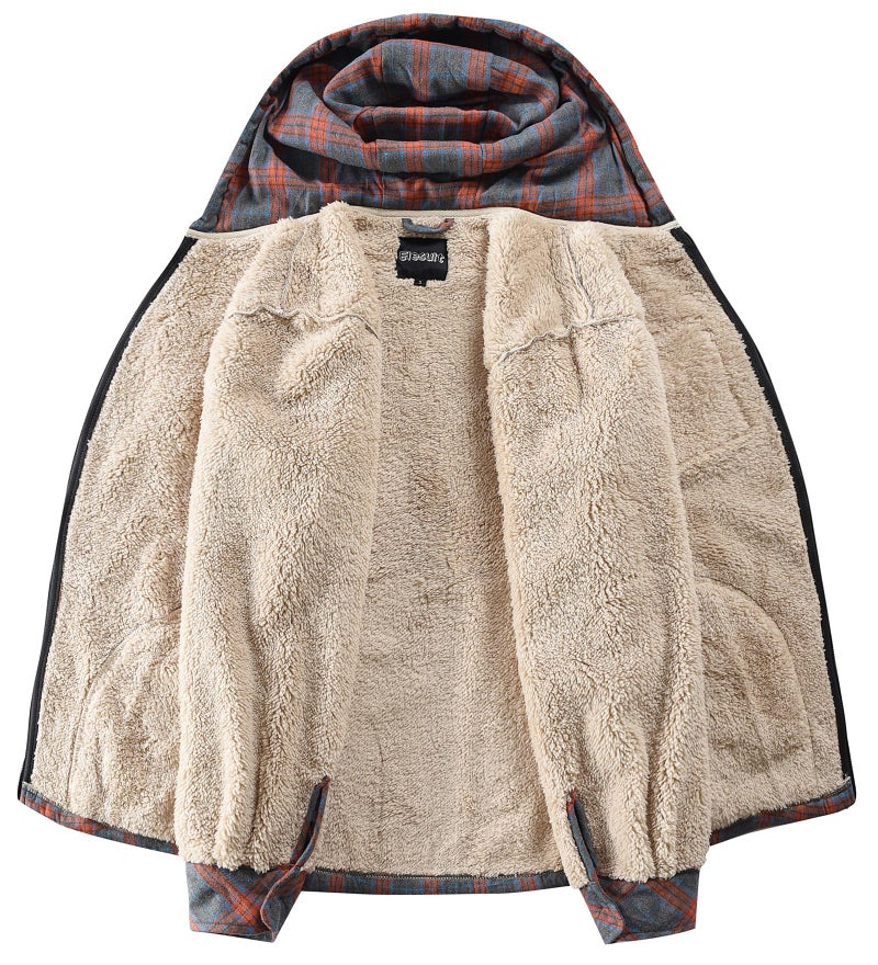 Elesuit Men's Full Zip Fleece Flannel Jackets Shirt Plaid Cotton Hoodies Soft Warm Coat for Men with Hood Orange Small - Image 3