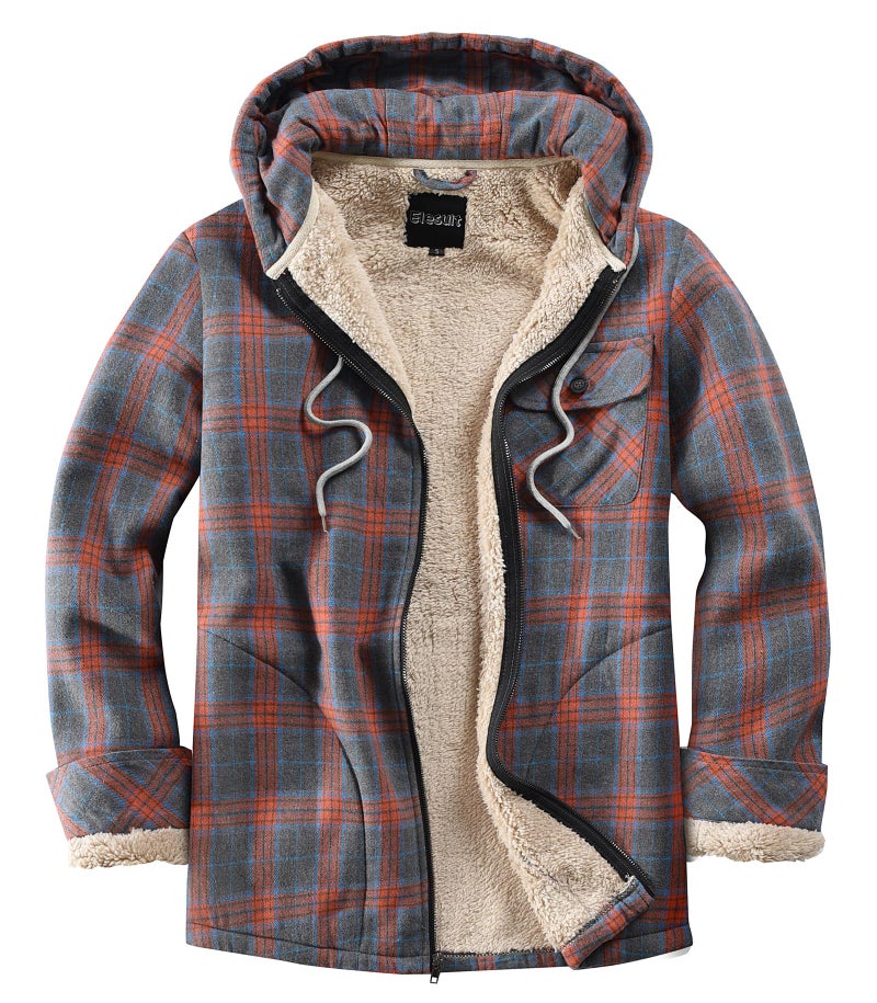 Elesuit Men's Full Zip Fleece Flannel Jackets Shirt Plaid Cotton Hoodies Soft Warm Coat for Men with Hood Orange Small - Image 1