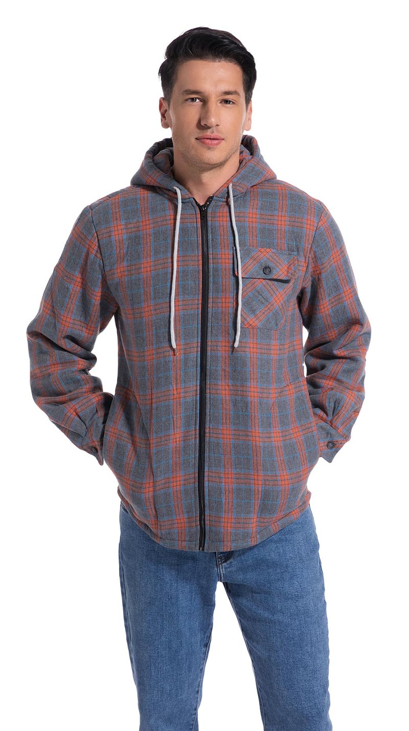 Elesuit Men's Full Zip Fleece Flannel Jackets Shirt Plaid Cotton Hoodies Soft Warm Coat for Men with Hood Orange Small - Image 2