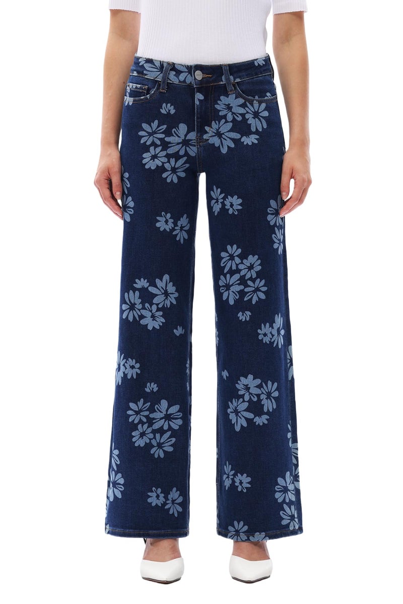 ONESO Mid-Low Rise Baggy Jeans Wide Leg for Women Distressed Pants Stretchy Bottom Lady Basic Comfortable Denim Floral Printed - Image 1