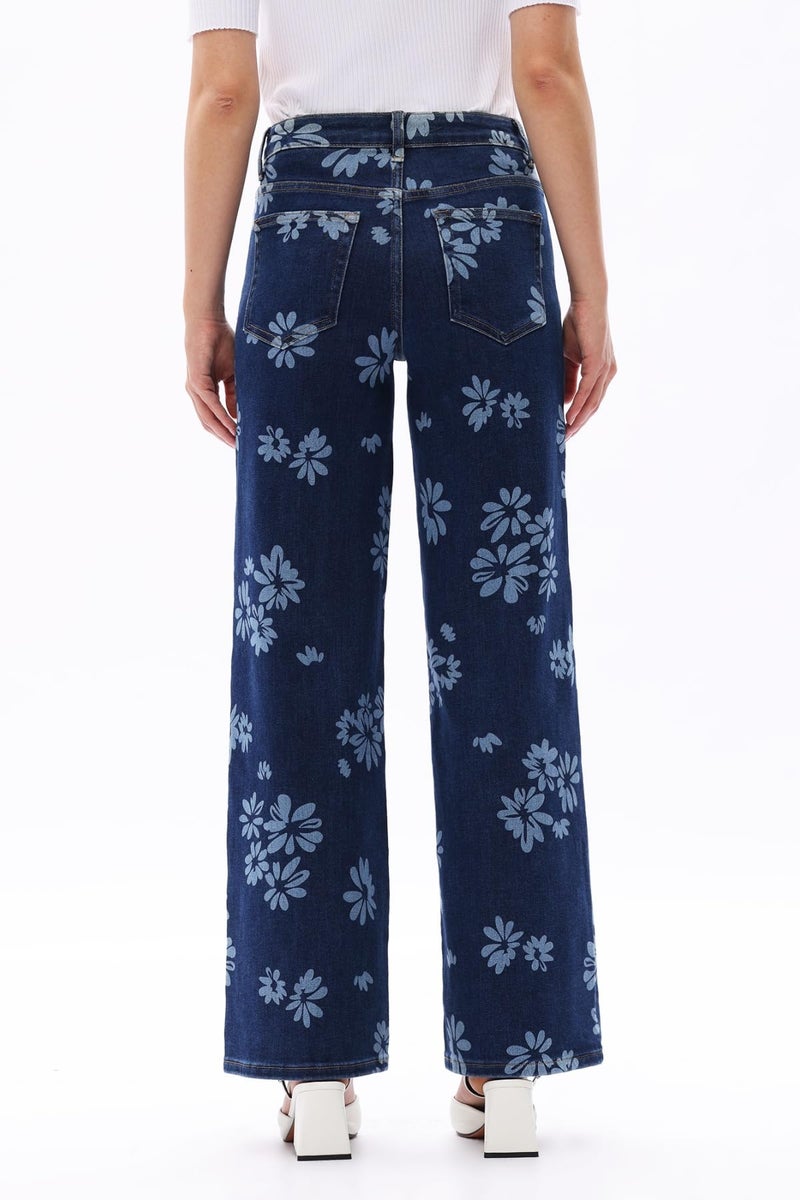 ONESO Mid-Low Rise Baggy Jeans Wide Leg for Women Distressed Pants Stretchy Bottom Lady Basic Comfortable Denim Floral Printed - Image 2