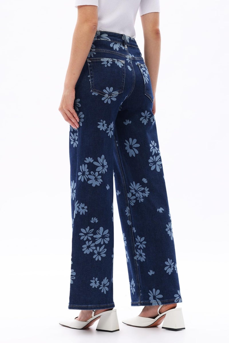 ONESO Mid-Low Rise Baggy Jeans Wide Leg for Women Distressed Pants Stretchy Bottom Lady Basic Comfortable Denim Floral Printed - Image 4