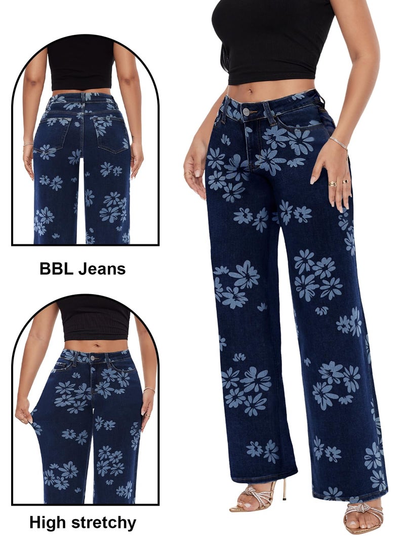 ONESO Mid-Low Rise Baggy Jeans Wide Leg for Women Distressed Pants Stretchy Bottom Lady Basic Comfortable Denim Floral Printed - Image 5
