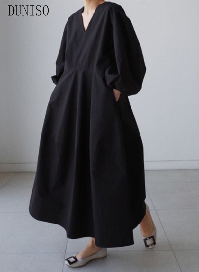 DUNISO Women Elegant Casual Summer Autumn Long Dress V Neck Loose Casual Long Sleeve Maxi Dress Long Cardigan Cover Ups Shirt Dresses - Image 3