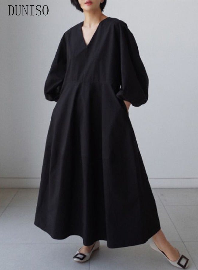 DUNISO Women Elegant Casual Summer Autumn Long Dress V Neck Loose Casual Long Sleeve Maxi Dress Long Cardigan Cover Ups Shirt Dresses - Image 1