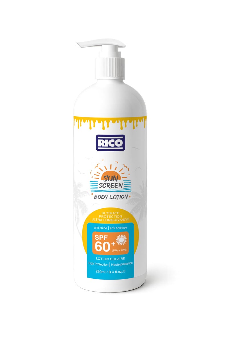ريكو RICO Sunscreen Body Lotion SPF 60, Lightweight with Vitamin E and Carrot Extract, No White Cast, 250 ml, All Skin Types - Image 1