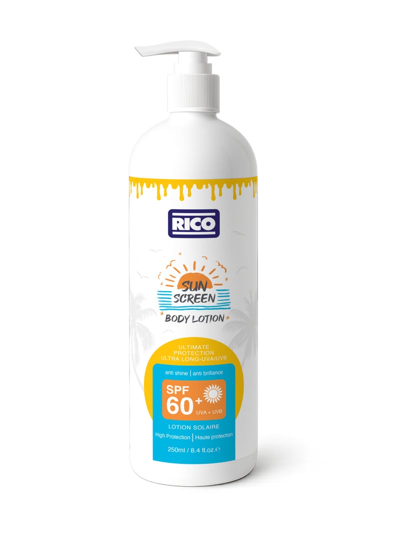 RICO Sunscreen Body Lotion SPF 60, Lightweight with Vitamin E and Carrot Extract, No White Cast, 250 ml, All Skin Types - Image 1