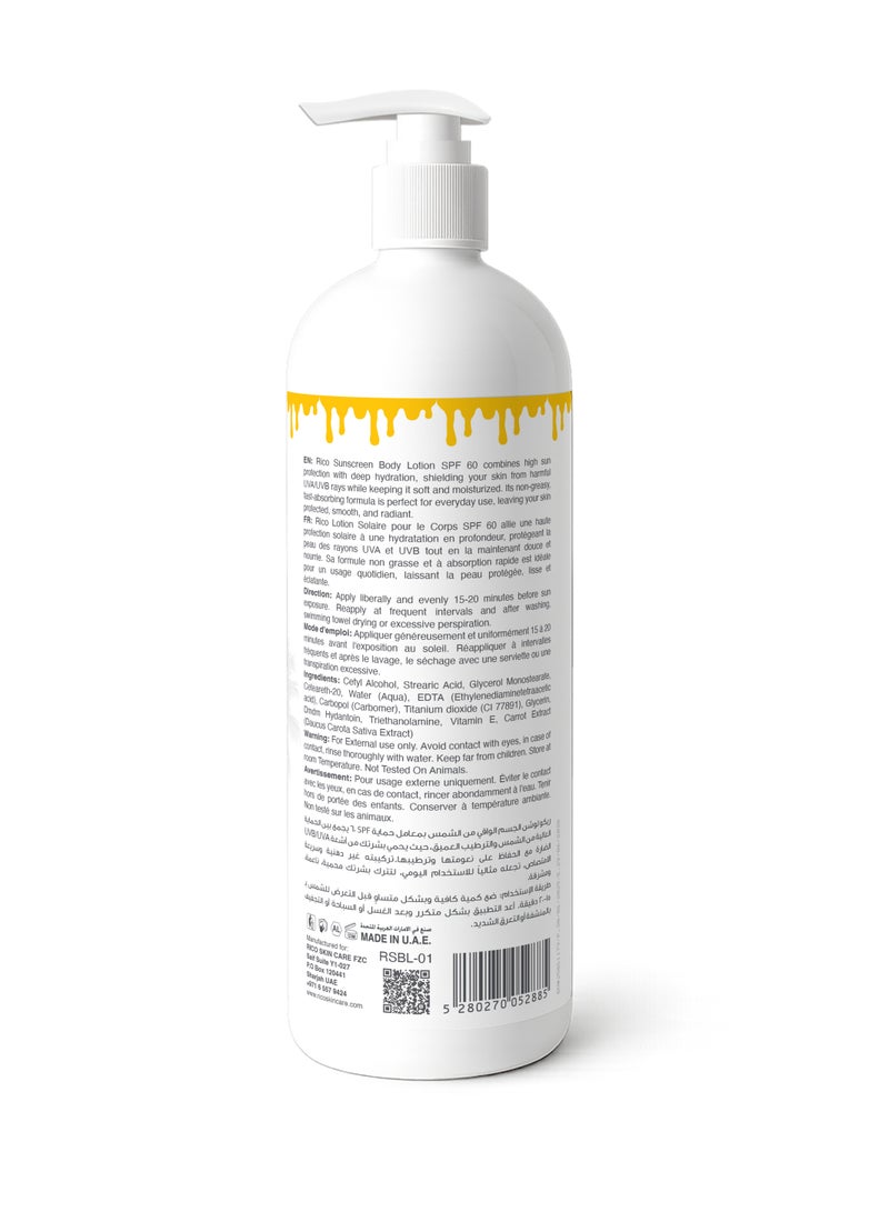RICO Sunscreen Body Lotion SPF 60, Lightweight with Vitamin E and Carrot Extract, No White Cast, 250 ml, All Skin Types - Image 2