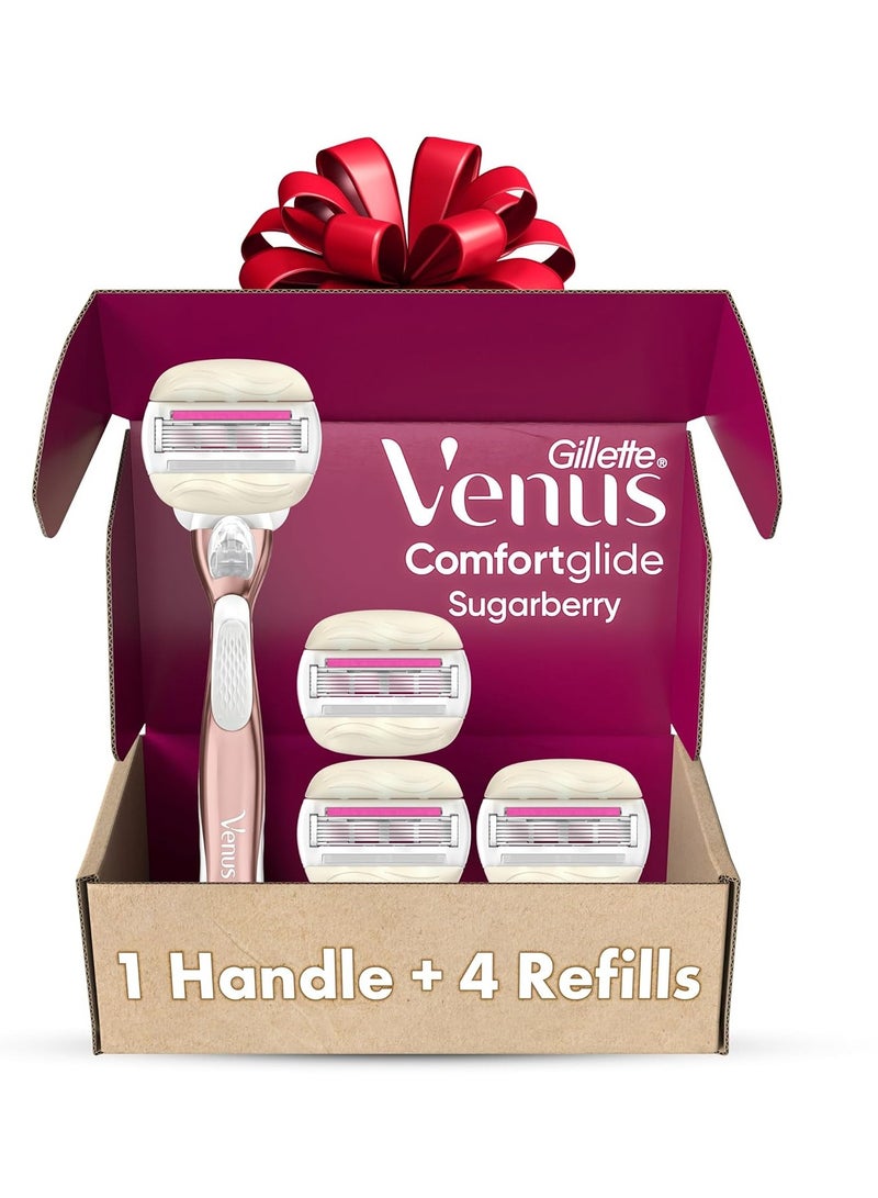 Gillette شفرة حلاقة جيلت فينوس كومفورت غلايد بلس أولاي سكر بيري للنساء مع مقبض معدني وردي ذهبي + 4 شفرات احتياطية، هدايا العيد للنساء - Image 1