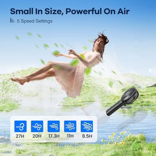 HandFan Upgraded 5200mAh Portable Handheld Fan with Lanyard 5 Speeds Strong Airflow Hand Fan 27 Working Hours 180 Foldable Compact Design Personal Fan for TravelDisneyConcertsWomenBlack - Image 3