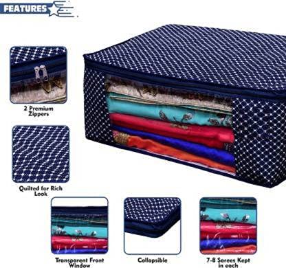 KIVYA 3 Layered Quilted Polka Dot Cotton Saree Covers Storage Bags For Wardrobe Organizers With Transparent Window Navy Blue Set of 3 - Image 2