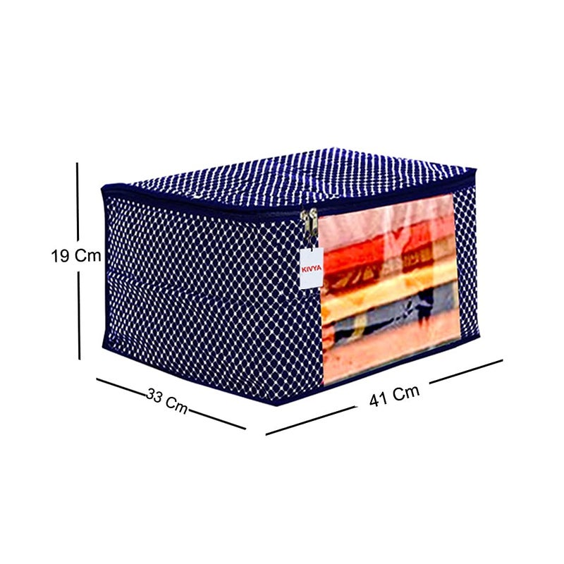 KIVYA 3 Layered Quilted Polka Dot Cotton Saree Covers Storage Bags For Wardrobe Organizers With Transparent Window Navy Blue Set of 3 - Image 3