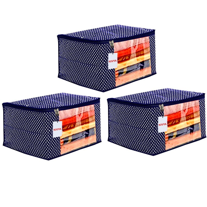 KIVYA 3 Layered Quilted Polka Dot Cotton Saree Covers Storage Bags For Wardrobe Organizers With Transparent Window Navy Blue Set of 3 - Image 1