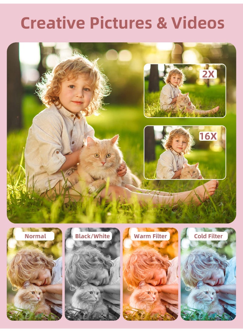 Generic Digital Camera FHD 1080P Camera 44MP Point And Shoot Digital Cameras With 32GB SD Card 16X Zoom Two Batteries For Kids Pink  - Image 4