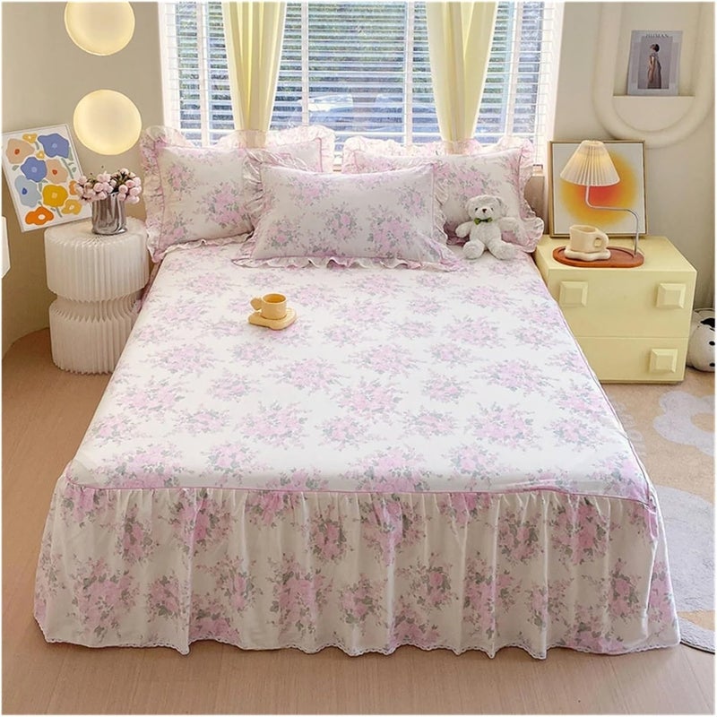 1PC Cotton Bed Skirt Queen/King Size Floral Printed Sheet with Ruffles Full for Single(Color 2,200x220x45cm 1pc)