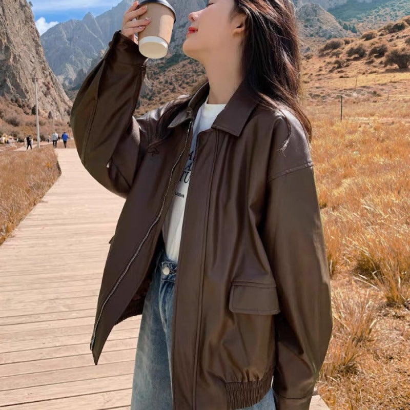 Vintage Brown Leather Womens Short 2024 Spring and Autumn Korean Style Loose Leather Jacket Handsome Motorcycle Jacket Brown  - Image 1