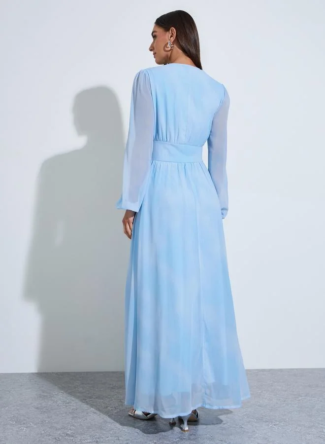 Styli  Women Blue Tie-Dye Balloon Sleeve Maxi Dress for Women | Best Price UAE