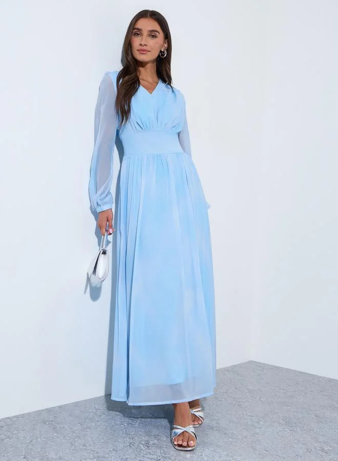 Women Blue Tie-Dye Balloon Sleeve Maxi Dress