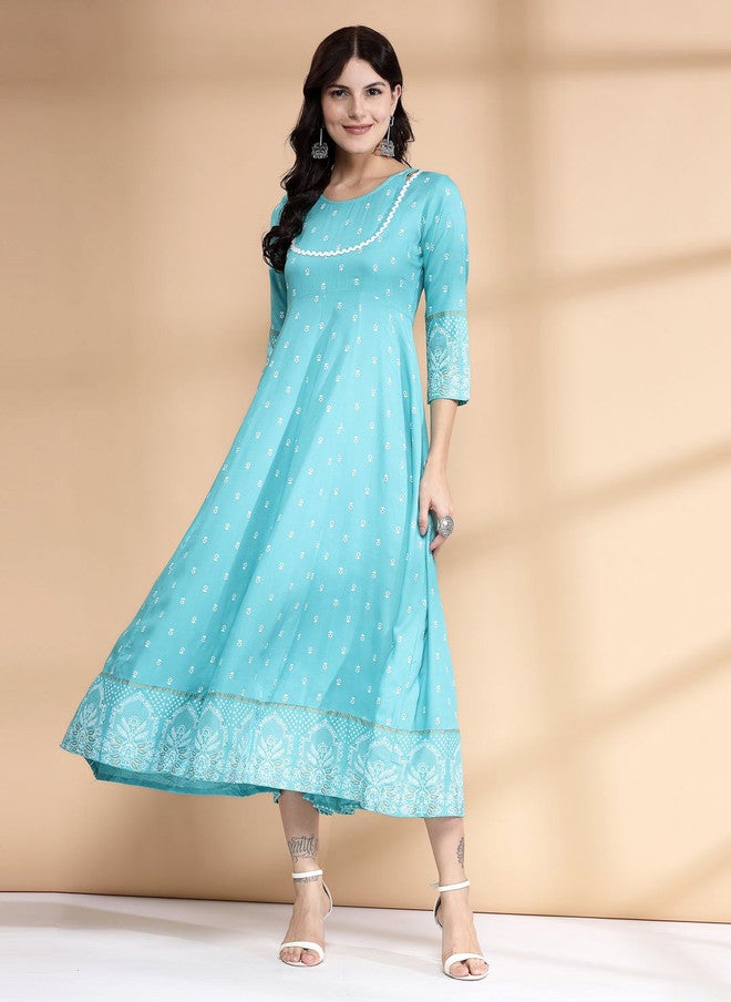 Largish Blue Solid Checked A-Line Midi Dress with Layered Detail - Image 2