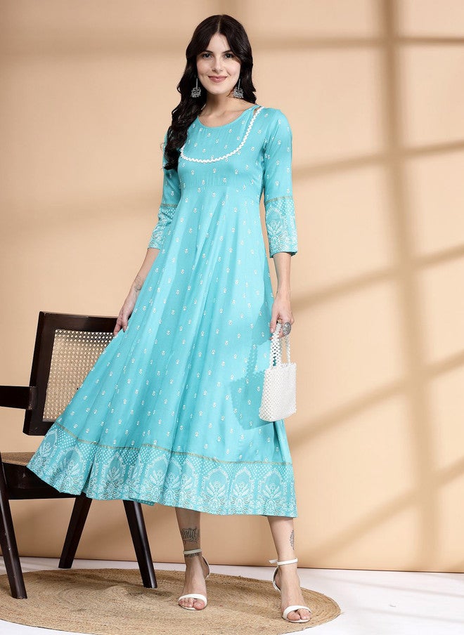 Largish Blue Solid Checked A-Line Midi Dress with Layered Detail - Image 1
