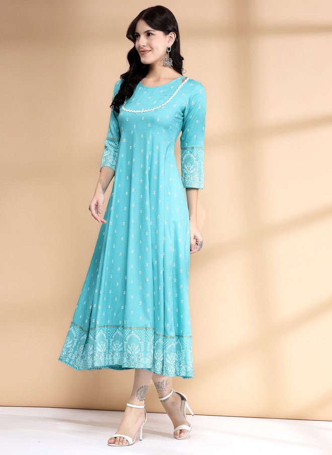 Largish Blue Solid Checked A-Line Midi Dress with Layered Detail - Image 5