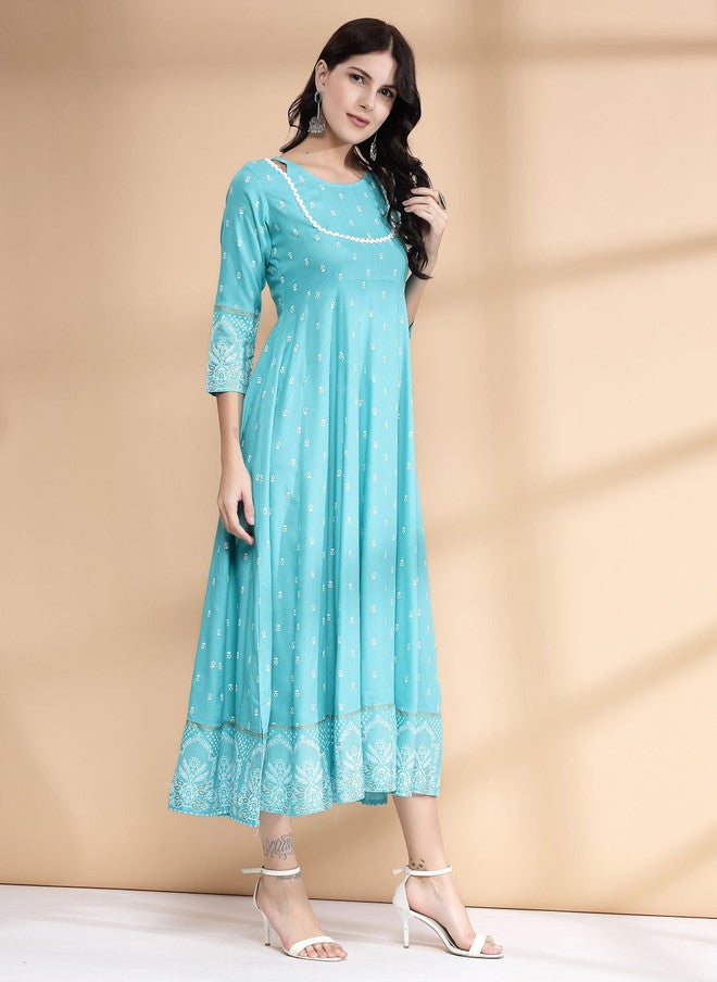 Largish Blue Solid Checked A-Line Midi Dress with Layered Detail - Image 4