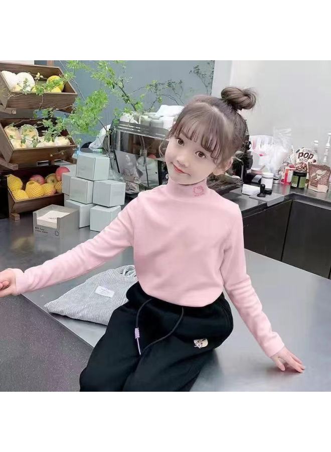 Children's Double-sided Velvet Thermal Underwear, Girls' Sweet Kitty Cat Print Semi-high Neck Warm Top, Trendy